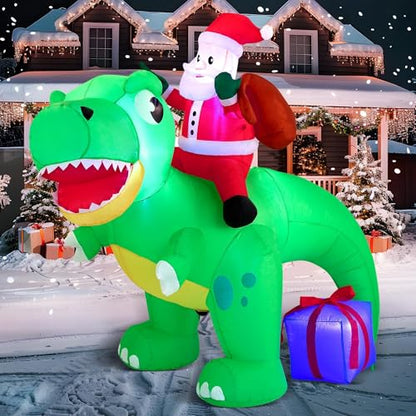 Joiedomi 6 FT Long Christmas Inflatable Dinosaur Outdoor Decoration, Inflatable Santa Riding Dinosaur with Build-in LEDs, Christmas Blow Up Yard Decoration for Xmas Party Garden Lawn Winter Décor