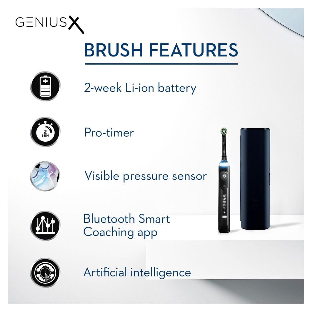 Oral-B Genius X Electric Toothbrush with Artifical Intelligence, App Connected Handle, 1 Toothbrush Head & Travel Case, 6 Mode Display with Teeth Whitening, 2 Pin UK Plug, Black