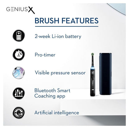 Oral-B Genius X Electric Toothbrush with Artifical Intelligence, App Connected Handle, 1 Toothbrush Head & Travel Case, 6 Mode Display with Teeth Whitening, 2 Pin UK Plug, Black