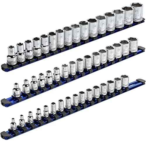 ARES 60125-3-Piece Blue 17-Inch Aluminum Socket Rail Set with Locking End Caps - Includes 1/4-Inch, 3/8-Inch, and 1/2-Inch Drive Rails - Each Aluminum Rail Stores up to 16 Sockets