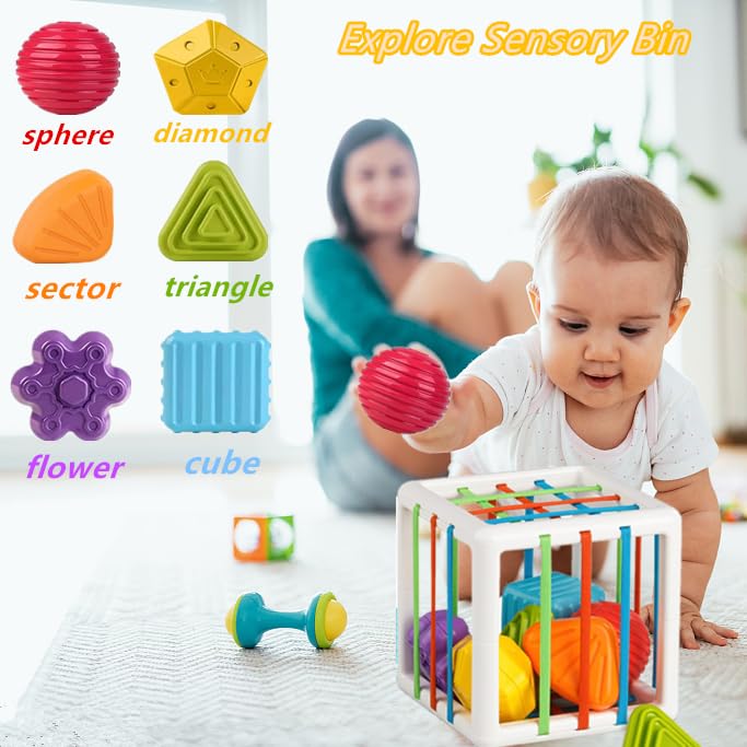 ELLECK Baby Toys 6 to 12 Months, Montessori Toys for 1 Year Old, Silicone Pull String Teething Toy, Stacking Building Blocks Infant Toddler Toy 0-3, Color Shape Bin Sensory, Baby Boys&Girls Gifts