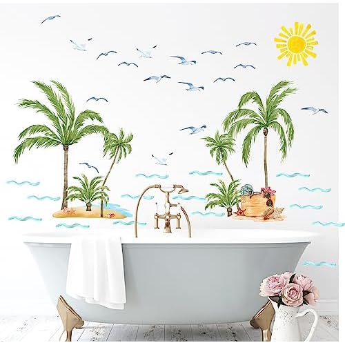 Palm Tree Wall Stickers Large Tropical Coconut Tree Wall Decals Watercolor Sun Seagull Wall Decals Sea Waves Summer Beach Theme Wall Stickers for Bedroom Living Room Decor