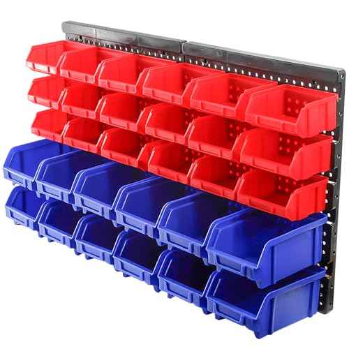 Wall Mounted Storage Bins Parts Rack, 30Pcs Bins Plastic Parts Rack Container, 5-Tier Stackable Garage Shop Tool Storage Rack for Nuts Bolts Screws Nails