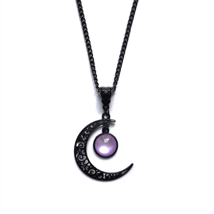 Rrdaily Gothic Moon Crystal Necklace Punk Style Moon Pendant Necklaces Vintage Black Crescent Necklaces Dark Gothic Necklace Halloween Costume Jewelry Chirstmas New Year Jewelry for Women (Purple)