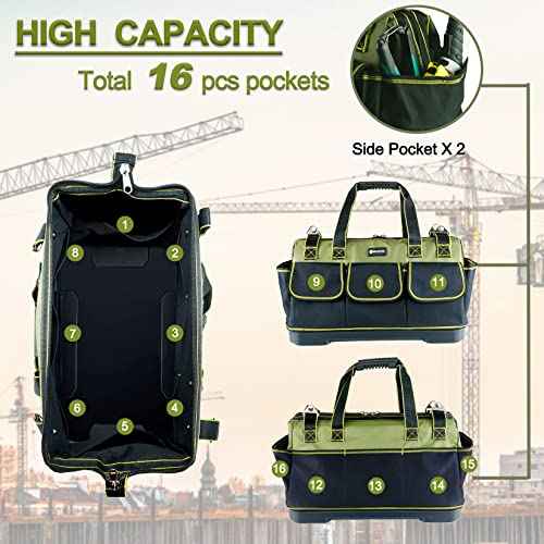 17in Tool Bag For Men Heavy Duty? with Waterproof Molded Base, High Capacity Wide Mouth Tote, Construction Worker Electricians Tool Bags, Large Tool Bag Organizer for Men Women Tool Tote