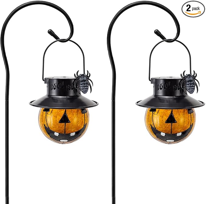 Viveta 2 Pcs Halloween Lights with Shepherd Hooks, Solar Lanterns Outdoor Waterproof for Halloween Decorations Outdoor Patio Yard Lawn