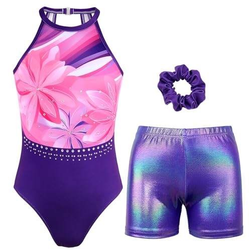 JOYSTREAM Gymnastics Leotards for Girls With Shorts Sparkly Ballet Dance Clasp Back Activewear Violet Flower,6-7Years