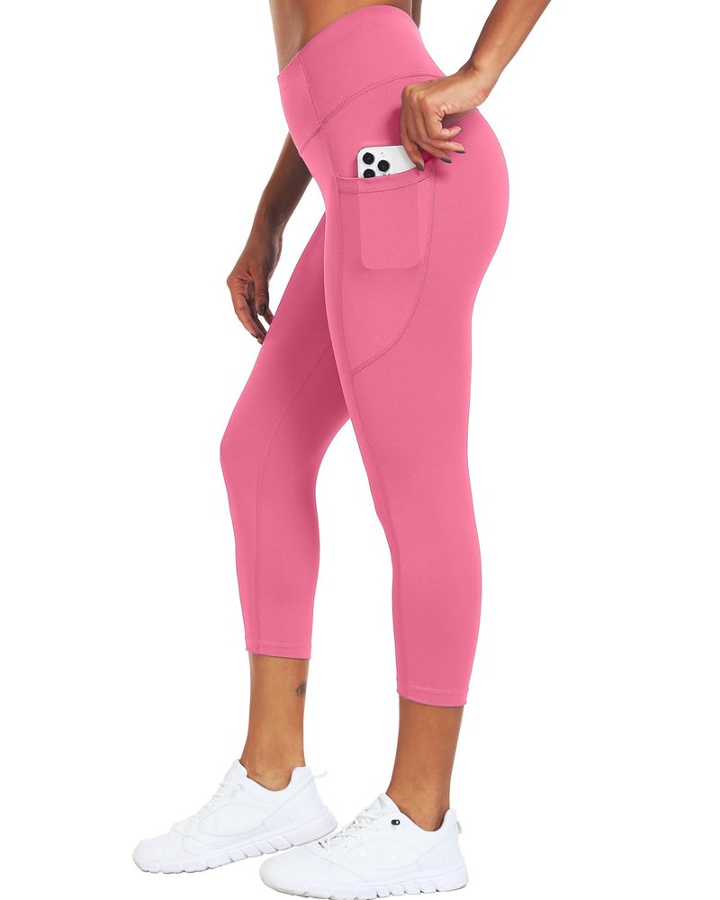 CADMUS High Waisted Workout Legging Capri for Women Athletic Yoga Pants with Two Side Pockets, 1153, Pink, S