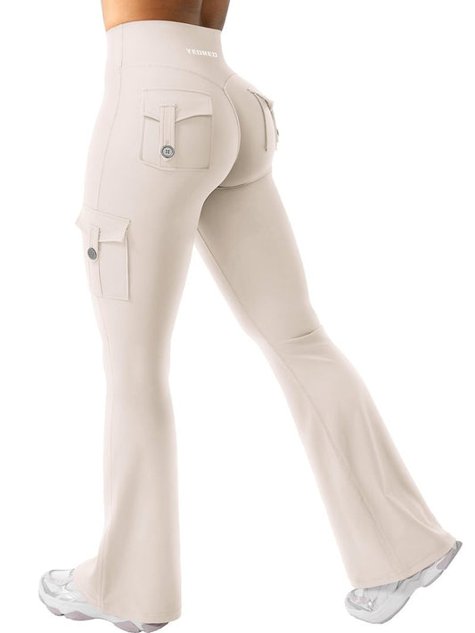 YEOREO CoreFlex Women Workout Flare Leggings with Pockets Hidden Scrunch High Waisted Cargo Gym Yoga Leggings Light Khaki XL
