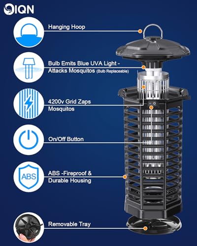 Bug Zapper Outdoor, Plug in Electric Mosquito Fly Zapper w/ 15W Light & 4200V Grid & on/Off Switch, Mosquito Traps & Killer for Indoor, Kitchen, Patio, Backyard and More (Black)
