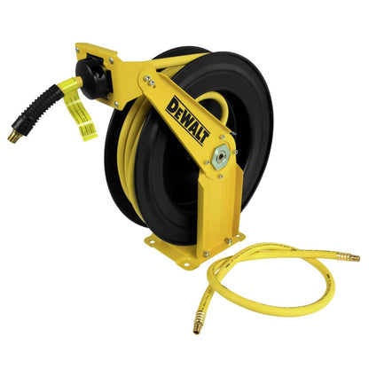 DEWALT Retractable Air Hose Reel 50ft, Wall or Truck Bed Mounted Usable for Pnuematic Air Tools for Mechanics, Garage, At Home and More: Double Arm Construction, 3/8in x 50ft Hose