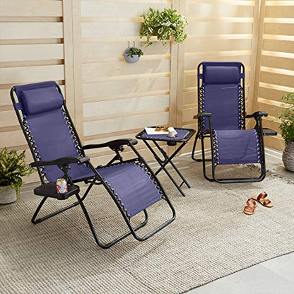 Amazon Basics Outdoor Textilene Adjustable Zero Gravity Folding Reclining Lounge Chair Set with Side Table, pack of 2, Blue
