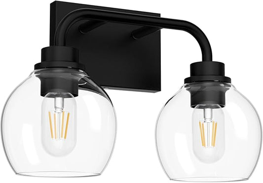 Tipace 2 Lights Industrial Bathroom Vanity Light Fixtures Over Mirror Black Vintage Vanity Lights with Globe Clear Glass Farmhouse Wall Sconces Fixture(Exclude Bulb)