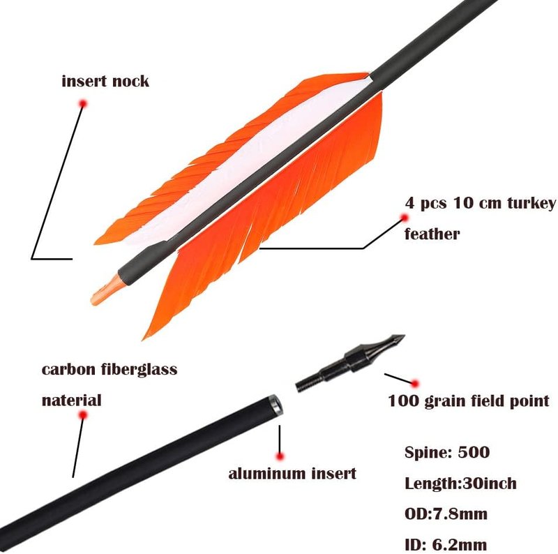 30 Inch Carbon Archery Arrows - 6/12 Pcs Flu Flu Target Practice with 100 Grain Judo Heads | Spine 500
