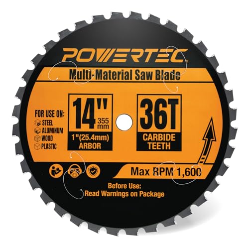 POWERTEC Multi-Material Cutting Blade - 14 inch Cold Saw Blade, 1" Arbor Metal Saw Blade, 36T TCG Cemented Carbide Teeth - Cuts Aluminum, Steel, Iron, Plastic & Wood - 1600 Max RPM - 14013