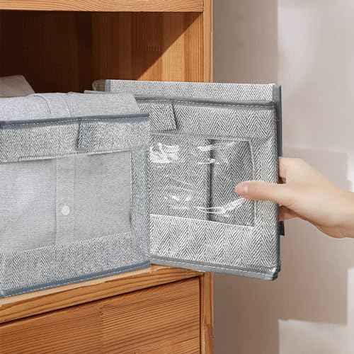 6 Pieces Linen Closet Storage Bins with Clear Window, Shelf Basket Closet Clothes Organizer Storage Containers for Organizing Shelves Wardrobe Office Clothing Books