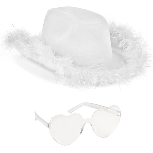 Funcredible White Cowboy Hat and Glasses - Fluffy Cowgirl Hat with Star for Girls - Cowboy Hat with Feathers - Cowgirl Accessories - Halloween Accessories for Women