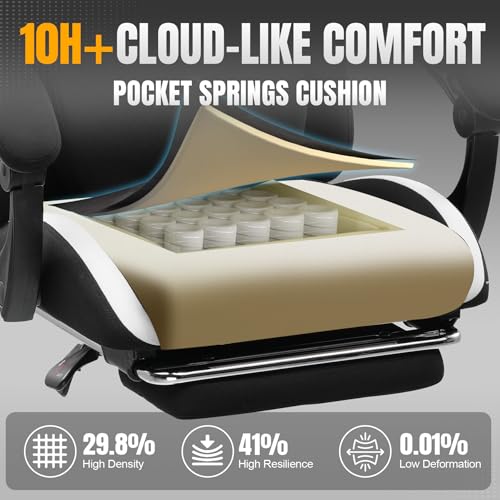 GTRACING Gaming Chair with Foot Rest & Pocket Spring Cushion, Breathable Fabric for Home Office Desk, Ergonomic High Back Computer Chair with Headrest & Lumbar Support, Black