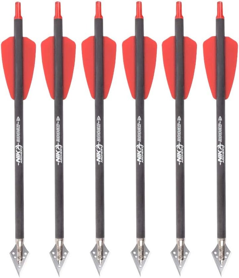 NIKA Archery 7.5" Carbon Crossbow Bolts - 2" Red Vanes & 100 Grain Tips | 6 or 12 Pack for Hunting