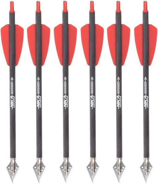NIKA Archery 7.5" Carbon Crossbow Bolts - 2" Red Vanes & 100 Grain Tips | 6 or 12 Pack for Hunting