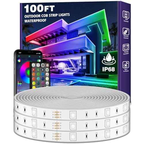 Outdoor LED Strip Lights Waterproof,IP68 Outside Led Light Strips Waterproof with Bluetooth App Remote Control,Music Sync RGB Exterior Led Rope Lights,for Balcony,Deck (100ft Outdoor LED Strip Lights)