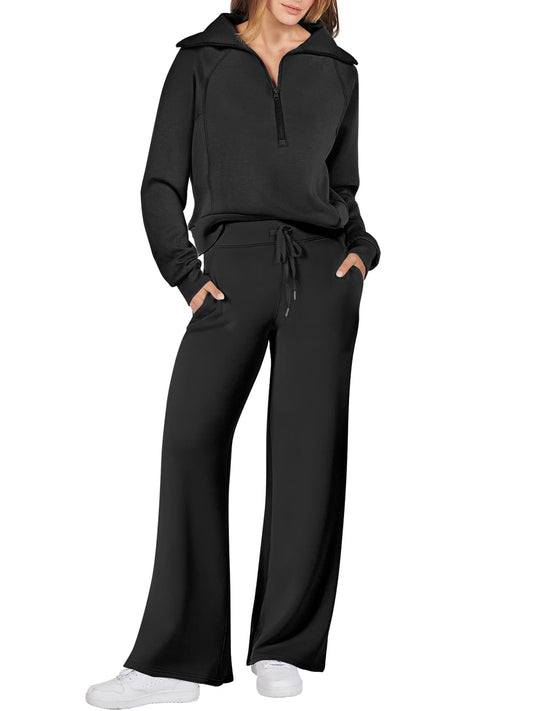 ANRABESS Women 2 Piece Outfits 2025 Fall Fashion Airport Wide Leg Pants Lounge Set Leisure Travel Vacation Clothes Sweatsuits Black X-Small