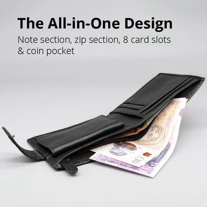 PELLE TORO All-in-One Handmade Mens Wallet with RFID Blocking, Coin Pocket, Fine Leather Card Wallet for Men with 8 Slots and Zip Section, in Wooden Gift Box, Black