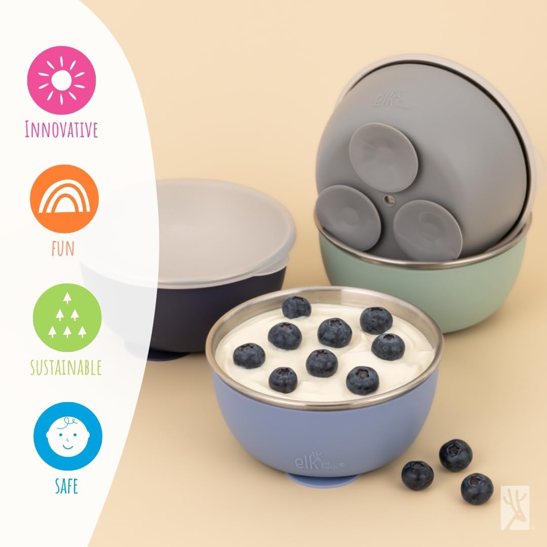 Elk and Friends Stainless Steel Bowls with Silicone Sleeve for Babies & Toddlers | Lids Included | Stay Put Suction | Cereal & Snack Bowls | 4 Pack