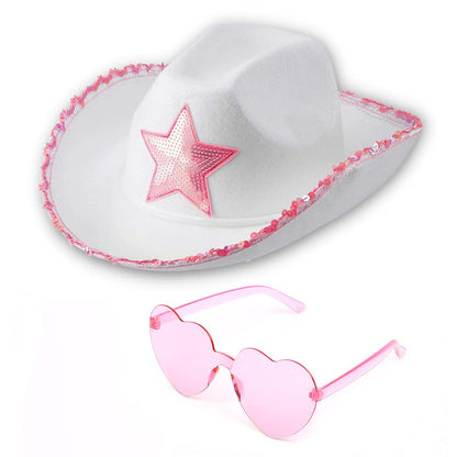 Funcredible White Cowboy Hat and Glasses - Preppy Cowgirl Hat with Star - Sparkly Cowboy Hats - Cowgirl Outfit Accessories for Women and Girls