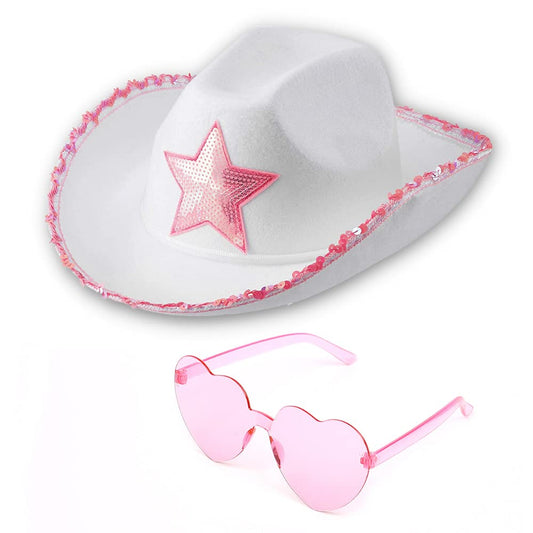 Funcredible White Cowboy Hat and Glasses - Preppy Cowgirl Hat with Star - Sparkly Cowboy Hats - Cowgirl Outfit Accessories for Women and Girls