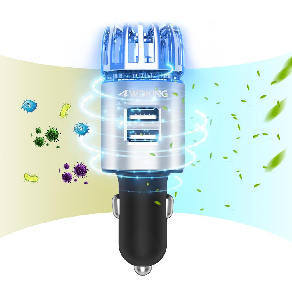Car Air Purifier Ionizer, 12V Plug-in Car Air Freshener Gadgets with Dual USB Charger Removes Cigarette Smoke, Pet and Food Odor, Ionic Ozone (Silver)