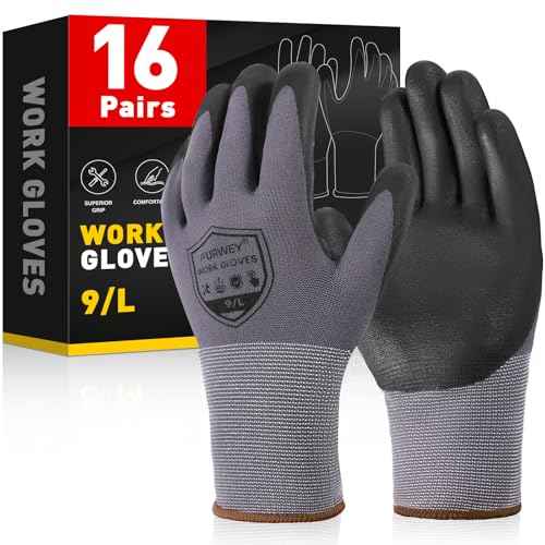 Safety Work Gloves,16 Pairs Micro-Foam Nitrile Coated Glove,Seamless Knit Nylon Gloves,Construction, Gardening(S-XL)