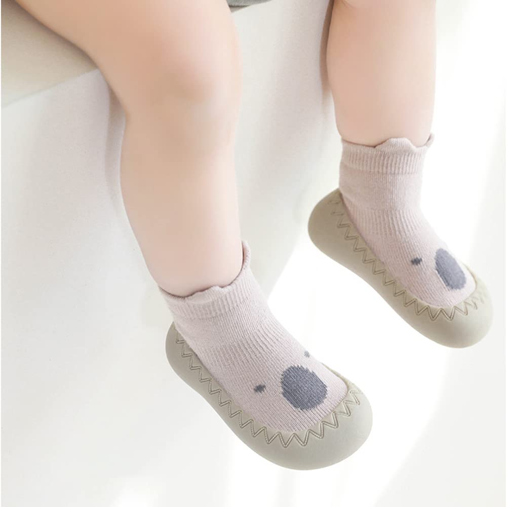 Exemaba Toddler Sock Shoes - Baby First Walking Shoes Soft Sole with Grips for Boys & Girls (Khaki Raccoon, Tag21/6-12 M)