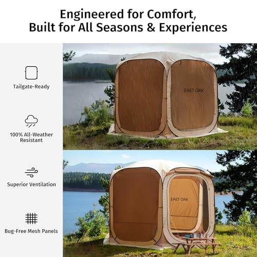 East Oak 12×12 FT Pop Up Canopy Tent with Mesh | Outdoor Screen House with 4 Sunshades | Instant Canopy with Portable Carry Bag | Gazebo Tent for Camping, Patio, and Beach | Beige