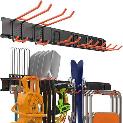 Garage Storage Organization Wall Mount, Garden Tool Organizer 48 Inches, Adjustable Heavy Duty Metal Hooks, Yard Tool Organizer Hold Up to 450lbs, Hanging Rake Broom Mop Snowboard (48 inch)