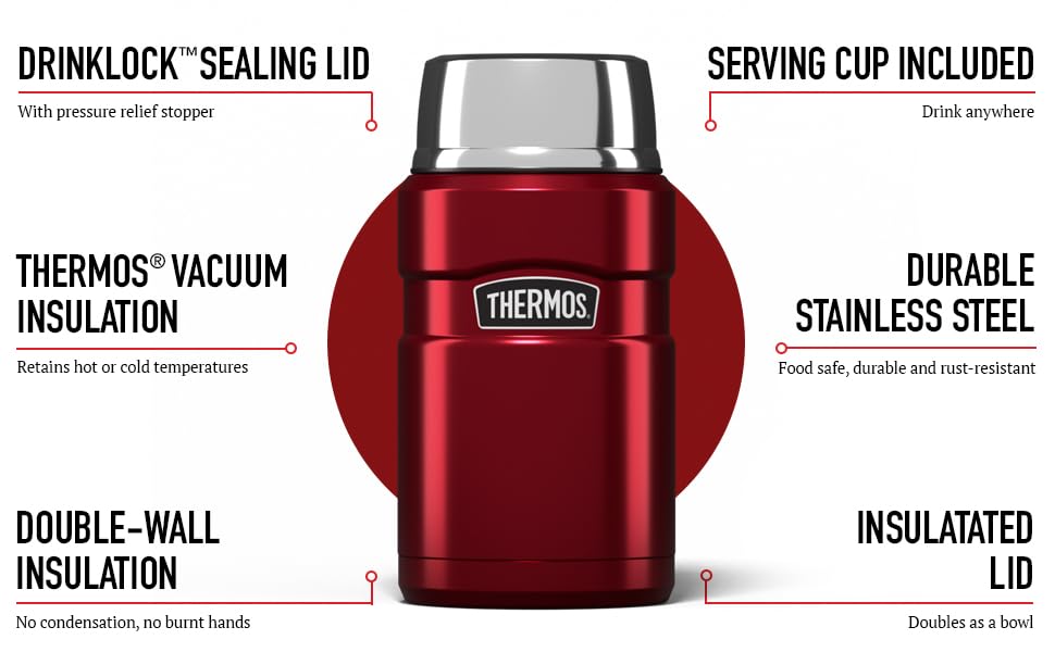 Thermos Stainless King Food Flask, 710ml Capacity - Sleek Multi- Purpose Flask for Daily Food Prep - Durable Stainless Steel with Red Finish - Ideal for On-the-Go Meals & Drinks