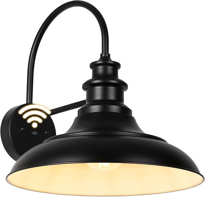 Dusk to Dawn Sensor Outdoor Barn Light Fixture, 16 Inch Dome Farmhouse Outdoor Wall Sconce, Rustic Gooseneck Exterior Wall Mount Light, Industrial Black White Wall Lantern for Porch, 1 Pack