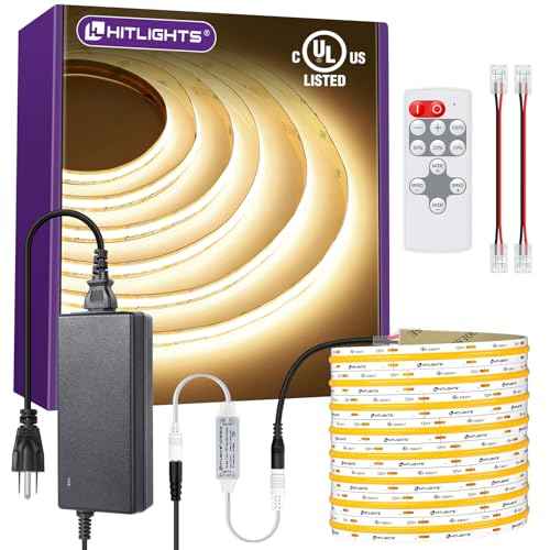 HitLights COB LED Strip Lights Kit Warm White 3000K, Dimmable Tape Light with Remote 12V Power Supply, 2640 LEDs, 426 lm/ft, CRI 90+, UL Listed, Premium Lighting for Kitchen Cabinets Bedroom,16.4ft