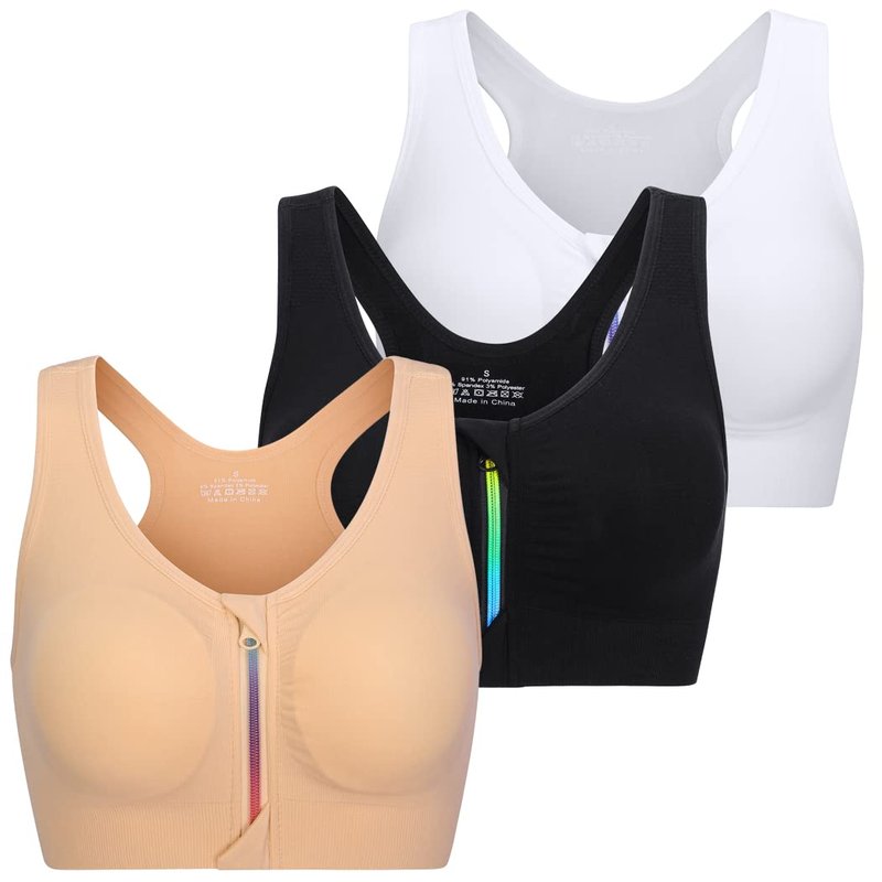 Womens Zip Front Sports Bra Wireless Post-Surgery Bra Racerback Yoga Sports Bras