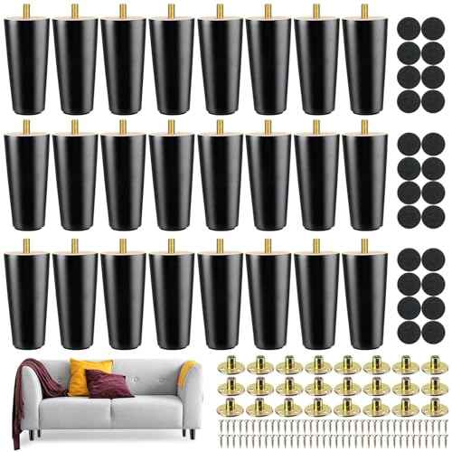 Maitys 4 Inch Round Solid Furniture Legs Furniture Wooden Replacement Chair Feet Dresser Sofa Couch Legs Table Cabinet Footstool DIY Projects for Home (Black,24 Pcs)