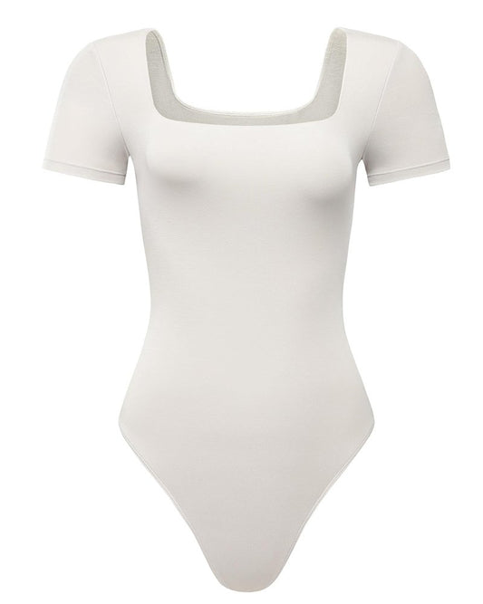 AUROLA Everyday Square Neck Bodysuits,Going Out Short Sleeve Double Lined Stretchy Shirt Tops,Coconut Milk,S