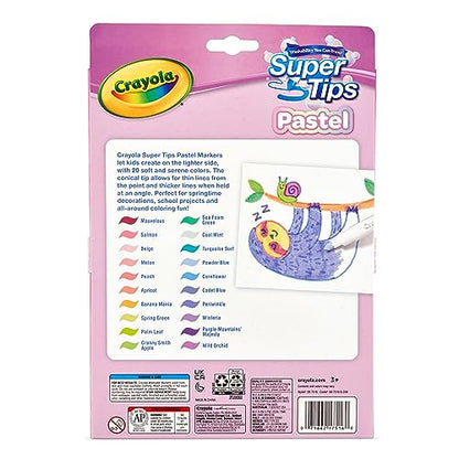 CRAYOLA Pastel SuperTips Washable Markers - Assorted Colours (Pack of 20) | Premium Felt Tip Pens That Can Easily Wash Off Skin and Clothing | For Ages 3+
