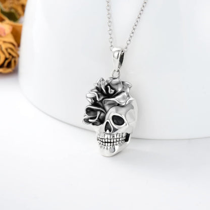 Seiyang Skull Necklace for Women Sterling Silver Goth Skulls Rose Pendant Halloween Necklaces Skull Jewelry Gift for Women Men Halloween (Rose Skulls Necklace)