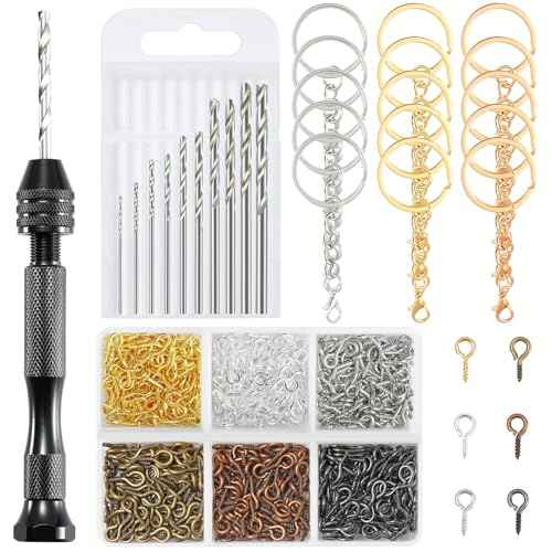 Hand Drill Set for Resin Crafts, Pin Vise Jewelry Making Kit with 10 Drill Bits, 600 Eye Screws, 15 Keychain Rings ? Push Drill Tool for Epoxy, Molds, DIY Projects (Pin Vise Hand Drill Set - 1)
