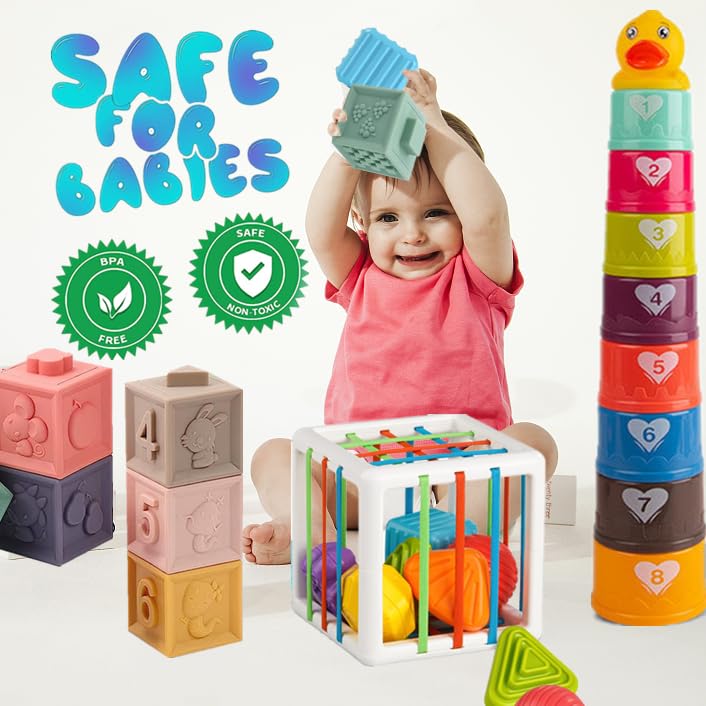 ELLECK Baby Toys 6 to 12 Months, Montessori Toys for 1 Year Old, Silicone Pull String Teething Toy, Stacking Building Blocks Infant Toddler Toy 0-3, Color Shape Bin Sensory, Baby Boys&Girls Gifts