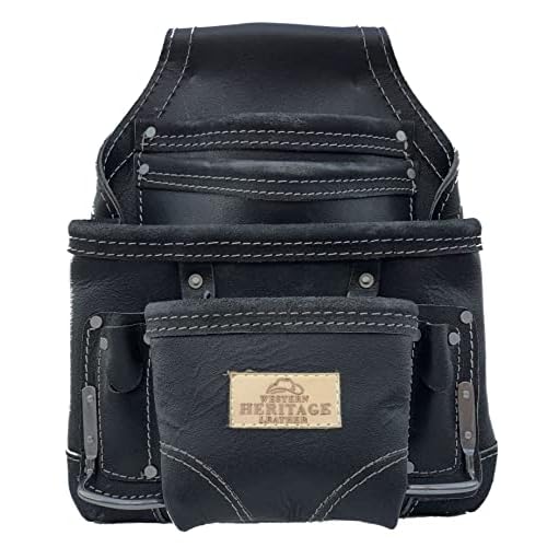 Western Heritage - Leather Tool Pouch Bag for Carpenter, Construction Worker, Framer, Handyman, Electrician - Reinforced Seams, 10 Pockets, 2 Hammer Holders