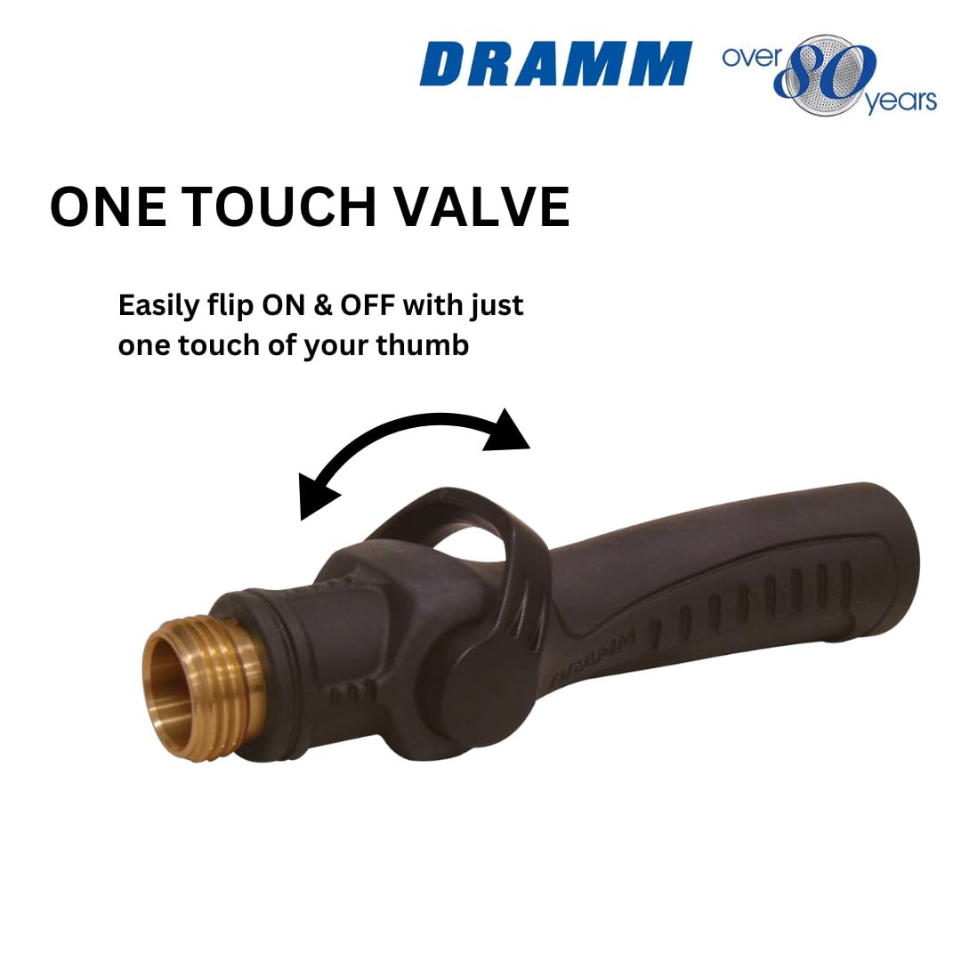 Dramm One Touch Durable Valve with One Touch Thumb Controlled On/Off Valve, Full Water Flow and Heavy Duty Construction, Black