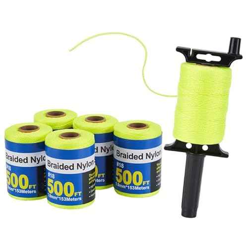 6 Roll Mason Line String Line - #18 Braided Nylon String - 500 Ft Length - Nylon with Reloadable Line Reel Twine for Gardening Or Masonry Tools - Perfect Construction String (Yellow)