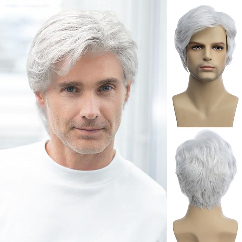 Baruisi Men Wigs Short White Wig Synthetic Heat Resistant Natural Halloween Cosplay Hair Wig