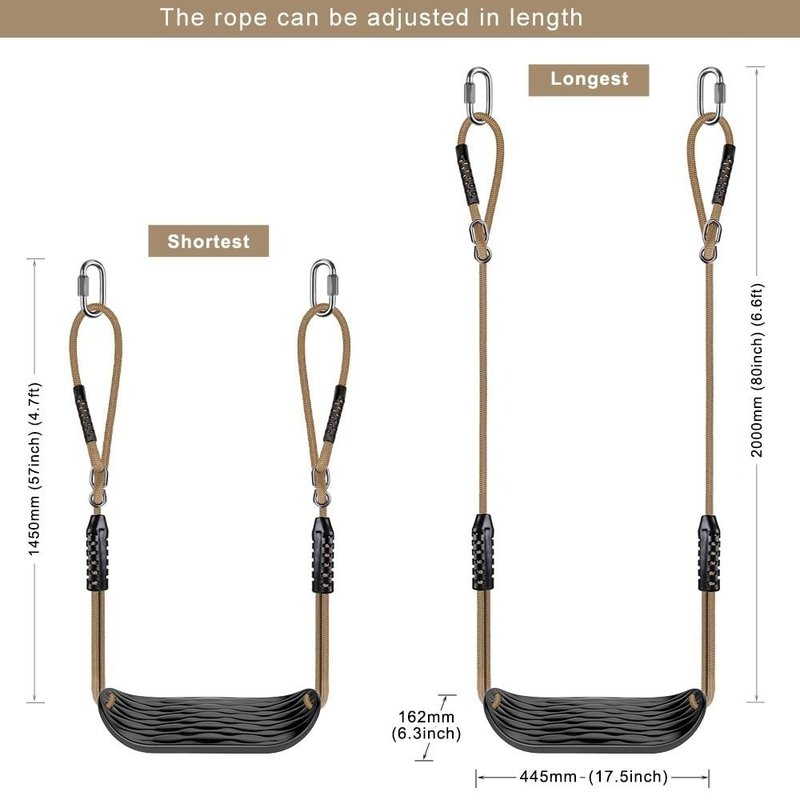 SELEWARE Plastic Swing Seat, Non Slip Tree Swing Set with Adjustable Rope and 4 Carabiners, Heavy Duty Playground Swing Set Accessories for Kid Indoor Outdoor Backyard, Black, 2 Pack